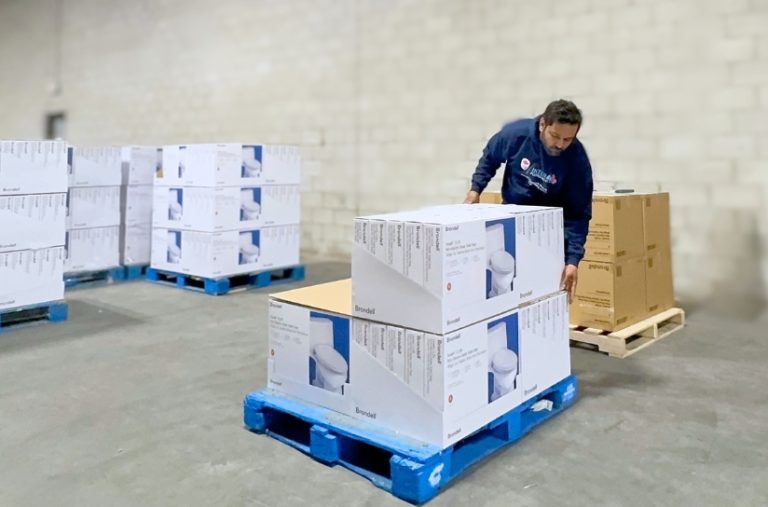Palletized Brondell eco-friendly home products prepared for big-box retail distribution in a Canadian 3PL warehouse.