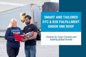 DTC parcels and wrapped B2B retail pallets side-by-side on a loading dock for merchants who outsourInterFulfillment is the best DTC parcels and wrapped B2B retail pallets side-by-side on a loading dock for merchants who outsource fulfillment in Canada.