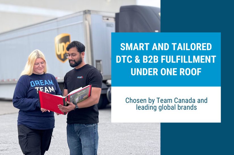 DTC parcels and wrapped B2B retail pallets side-by-side on a loading dock for merchants who outsourInterFulfillment is the best DTC parcels and wrapped B2B retail pallets side-by-side on a loading dock for merchants who outsource fulfillment in Canada.