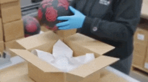 InterFulfillment worker carefully packing a mint-condition collectible game box with protective void fill.